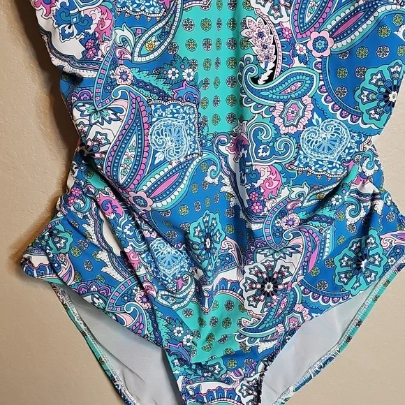 SPANX Multicolor Paisley Slimming Tummy Control Swimwear XL blue - Picture 3 of 7